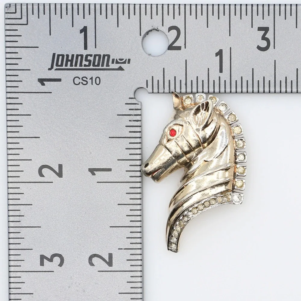 Vintage Sterling Silver Vermeil‎ Rhinestone Horse Head Equestrian Brooch 1940s